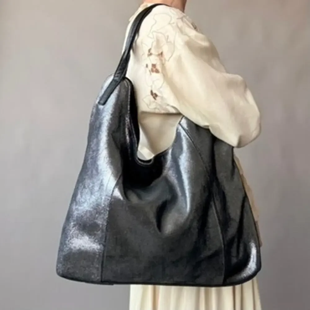 Vintage Sondra Roberts Metallic Pewter Hobo Bag - Oversized